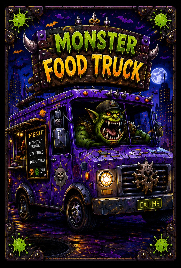 Monster Food Truck card back art showing a purple food truck driven by a green monster through a spooky city at night
